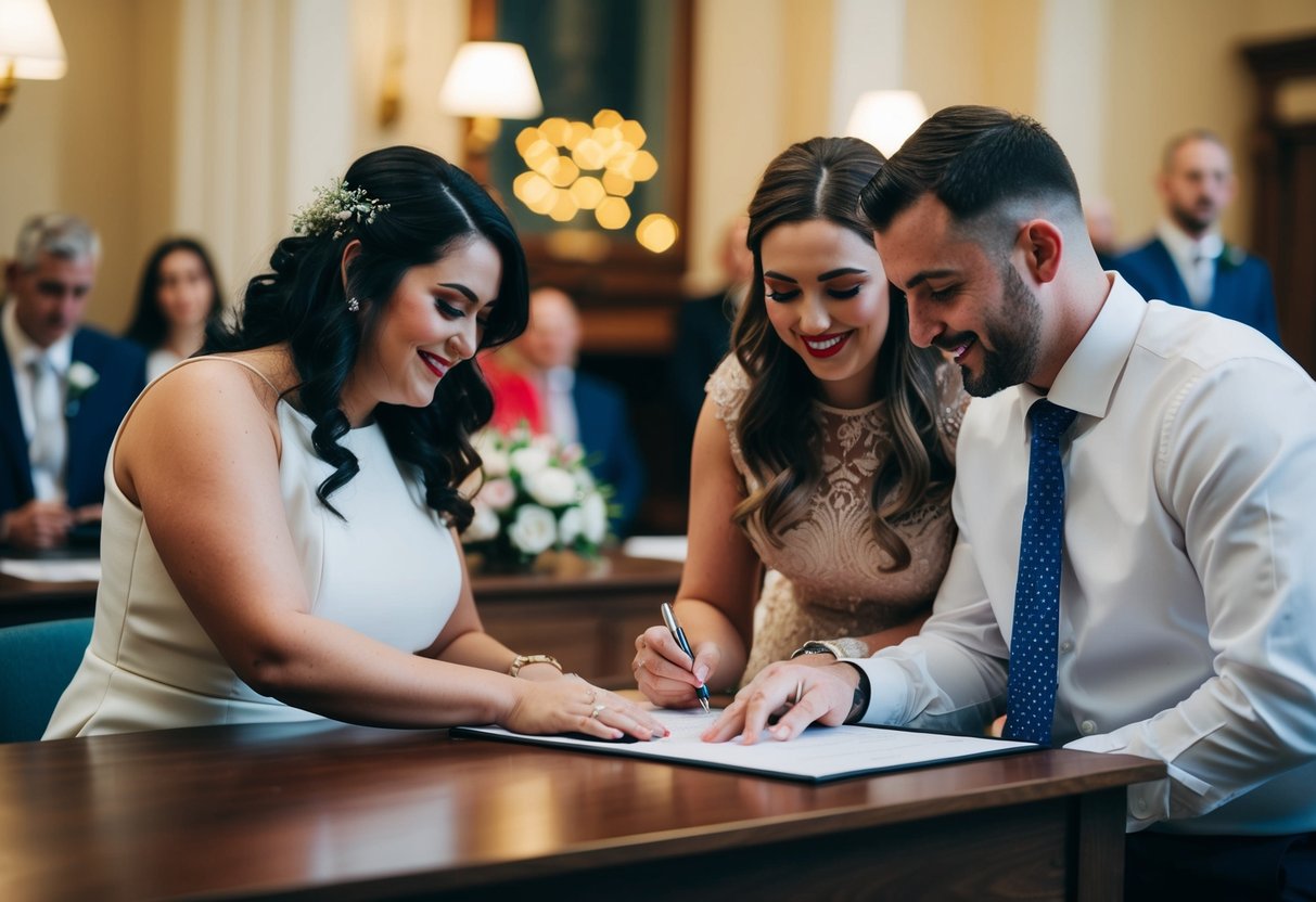 A couple and two witnesses signing the marriage register at a registry office