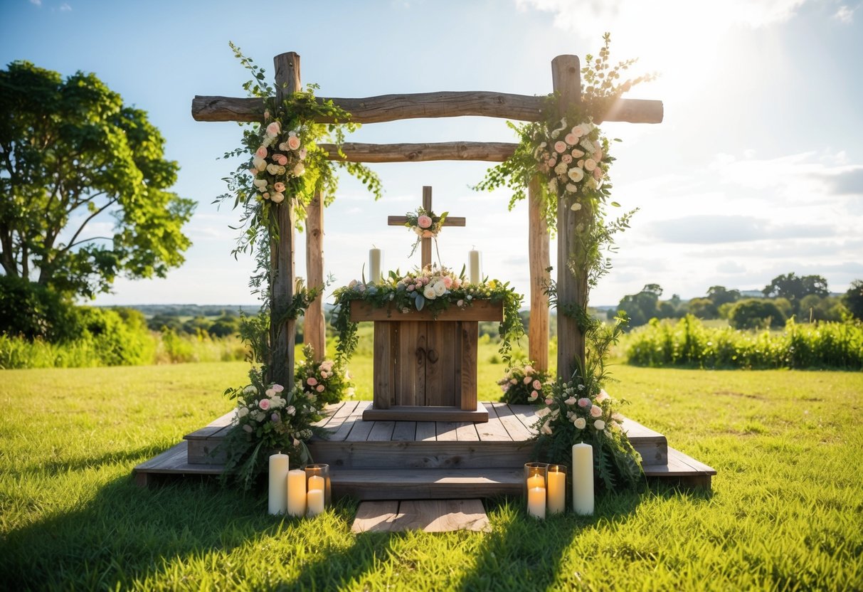 A rustic wooden altar adorned with flowers and candles stands in the center of a sunlit clearing, surrounded by lush greenery and open sky