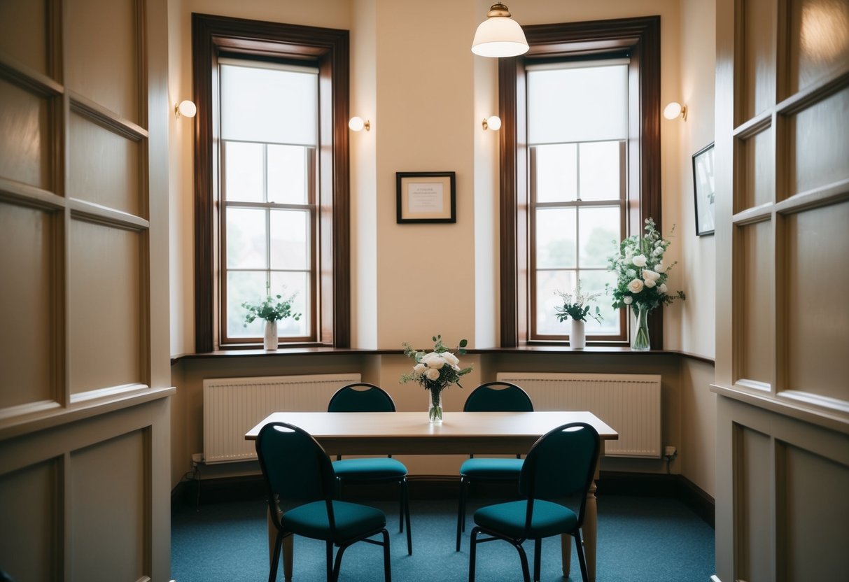 A registry office with a small, intimate setting, featuring a simple table and chairs, with soft lighting and a sense of quiet solemnity