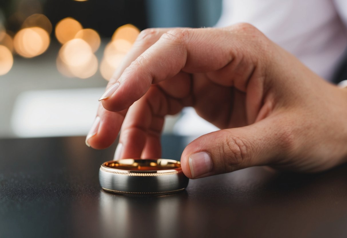 A hand reaches for a wedding band resting on a table