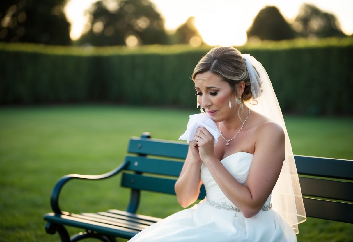 A bride sits alone on a bench, tears streaming down her face as she clutches a crumpled handkerchief. The setting sun casts a soft glow on the empty garden around her