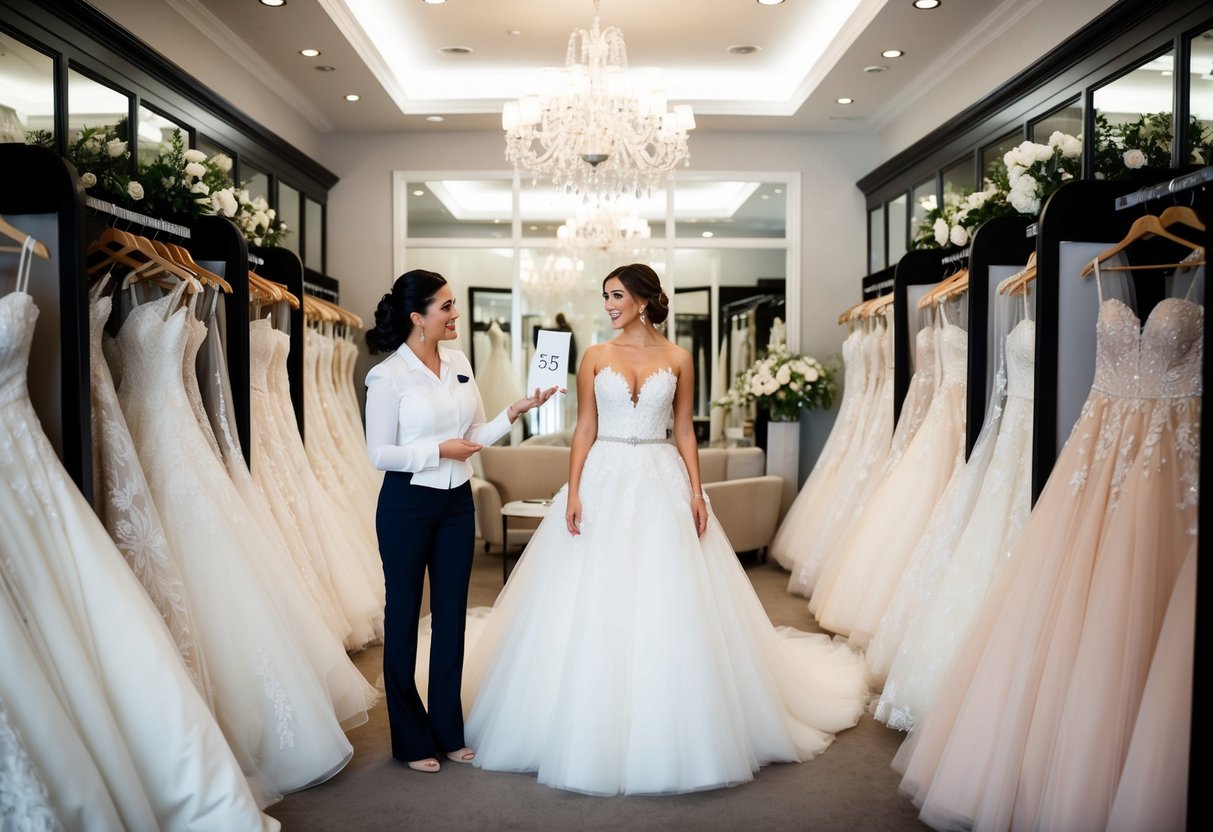A bride-to-be stands in a luxurious bridal boutique, surrounded by elegant wedding dresses on display. A sales associate gestures towards a price tag, explaining the cost to view the gowns