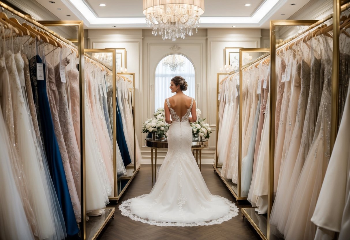 A bride-to-be browses through a collection of wedding dresses on elegant display racks in a luxurious bridal boutique