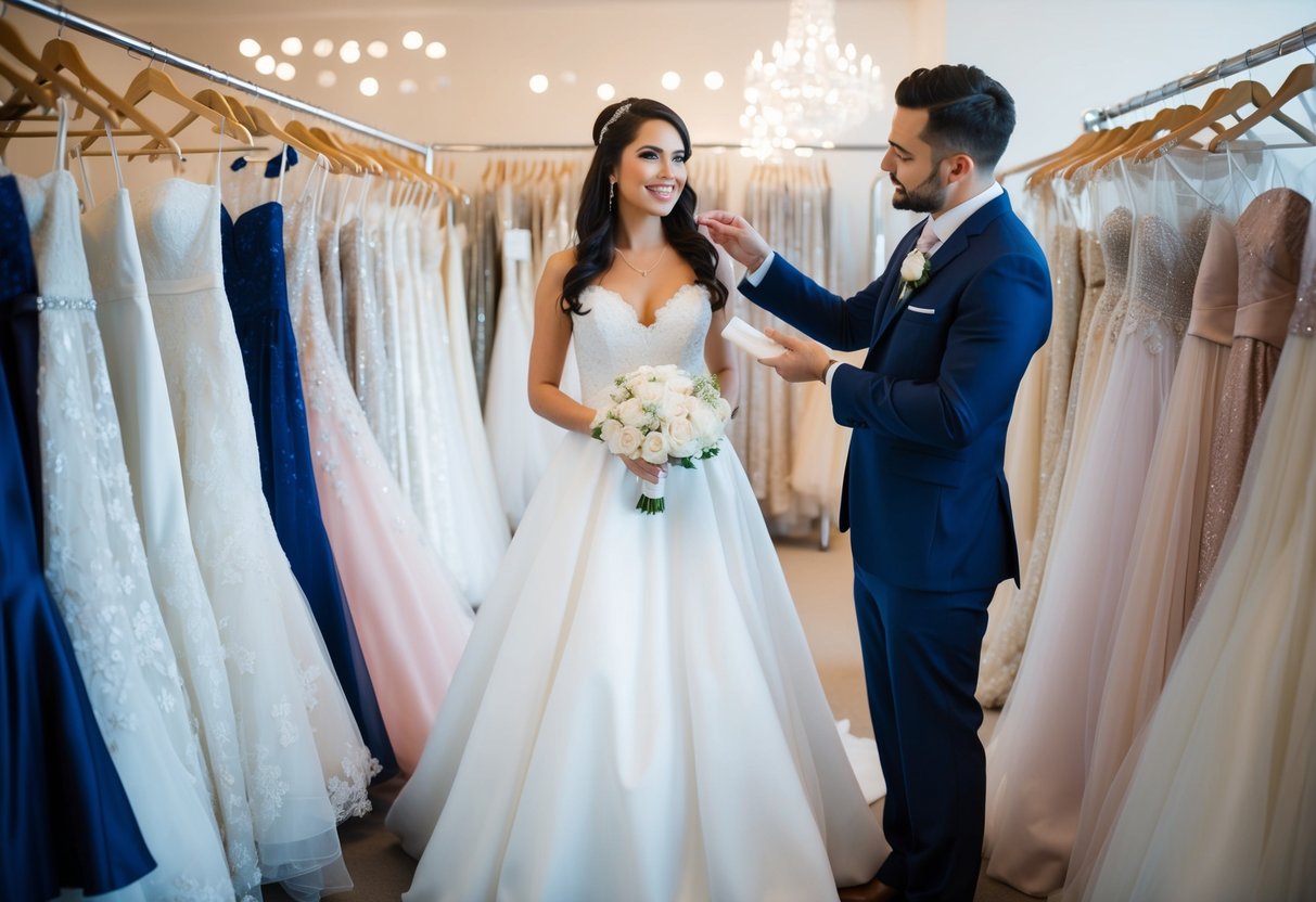 A bride-to-be stands in a bridal boutique, surrounded by racks of wedding dresses. A salesperson holds up a gown while explaining the cost of trying on dresses