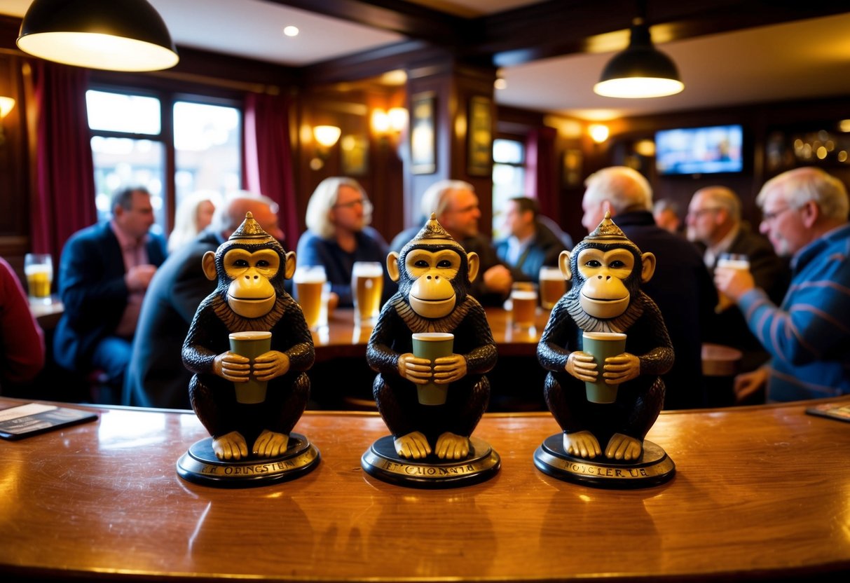 A cozy pub in Colchester with three wise monkeys figurines on the bar, surrounded by locals enjoying pints and conversation