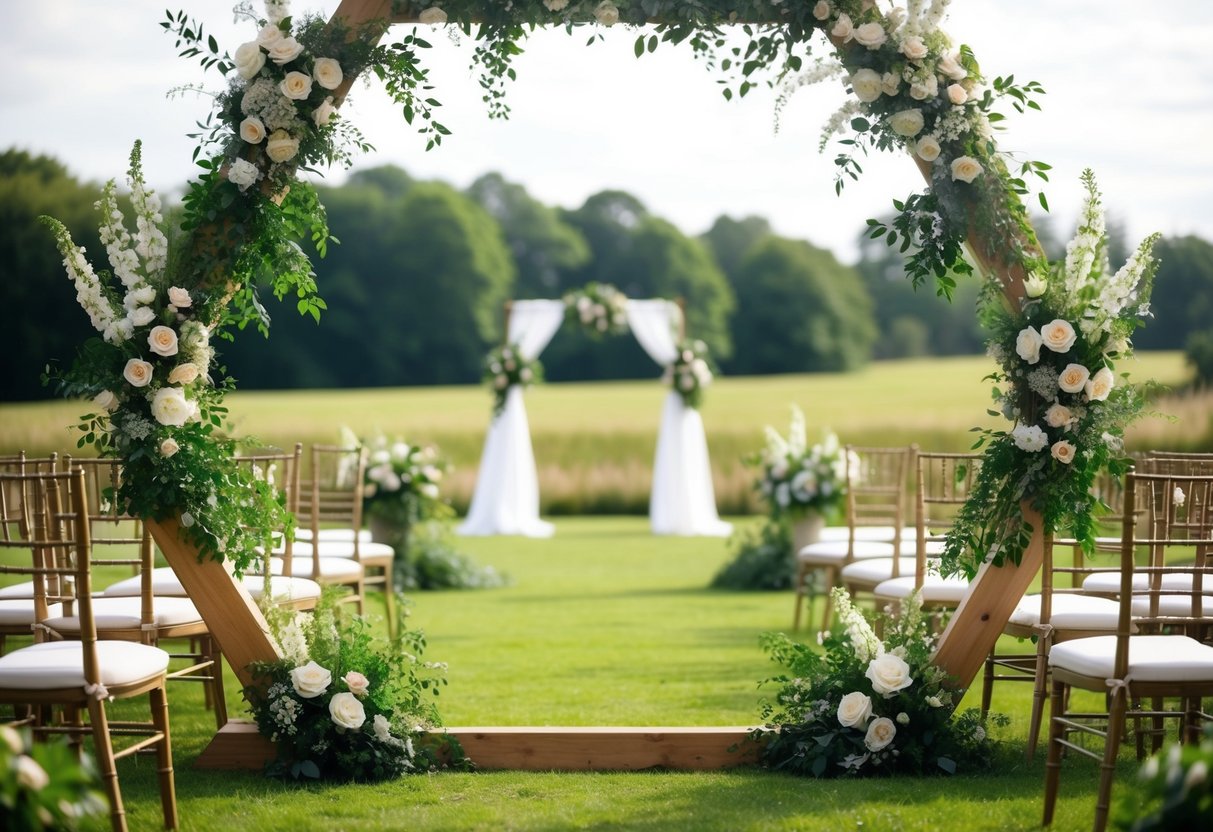 A hexagon-shaped wedding arch adorned with flowers and greenery symbolizes unity and balance