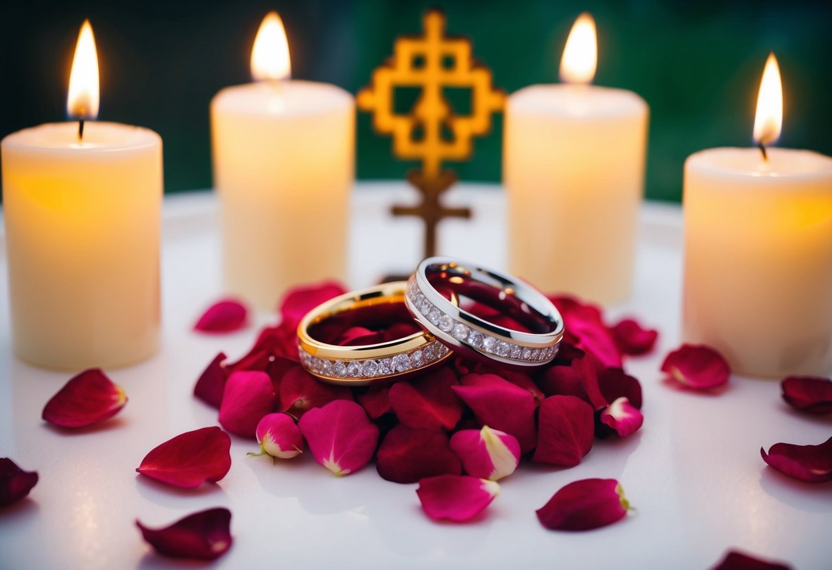 Two wedding rings resting on a bed of rose petals, surrounded by candles and a traditional wedding symbol