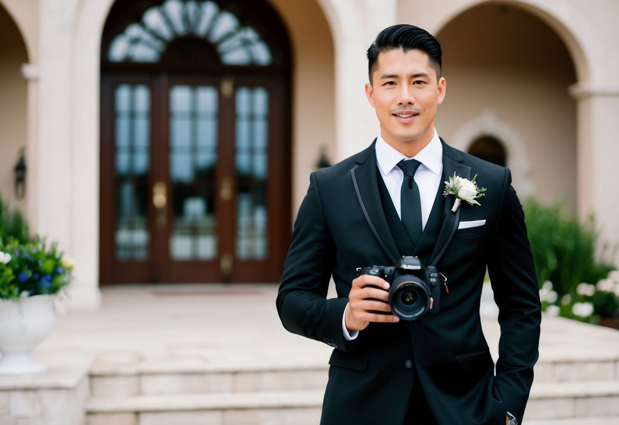 A photographer wearing a sleek black suit and tie, standing in front of a beautiful wedding venue with a camera in hand