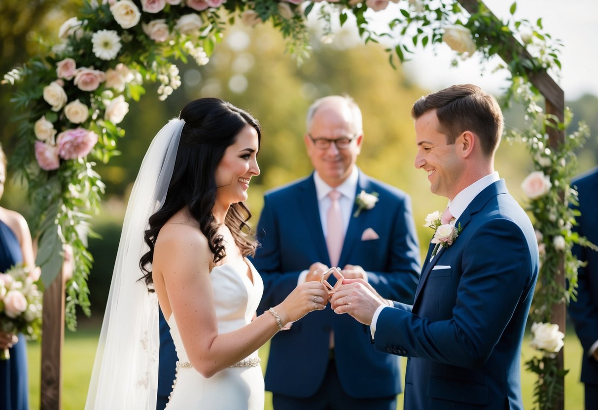 A bride and groom exchange hexagon-shaped rings under a floral arch in a wedding ceremony