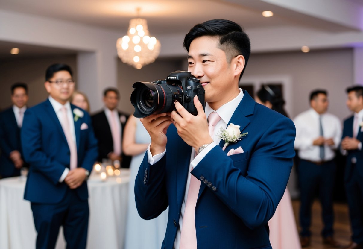 A photographer wearing a navy blue suit and a light pink tie, capturing candid moments at a wedding reception