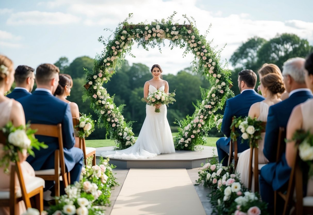 A hexagon arch adorned with flowers and greenery stands as the focal point of a wedding ceremony, symbolizing harmony, balance, and unity in the marriage