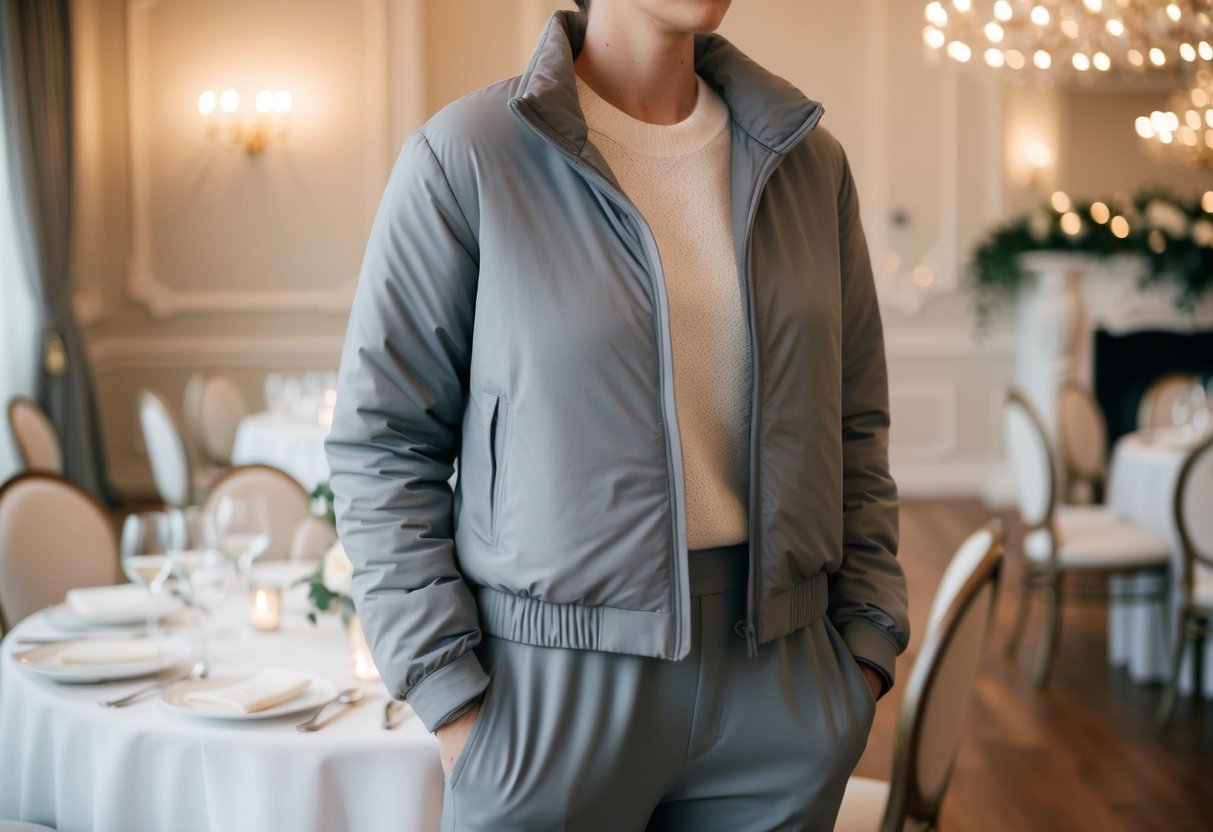 A person in a comfortable and mobile outfit, wearing a neutral color like gray or navy, at a wedding venue with elegant decor and soft lighting