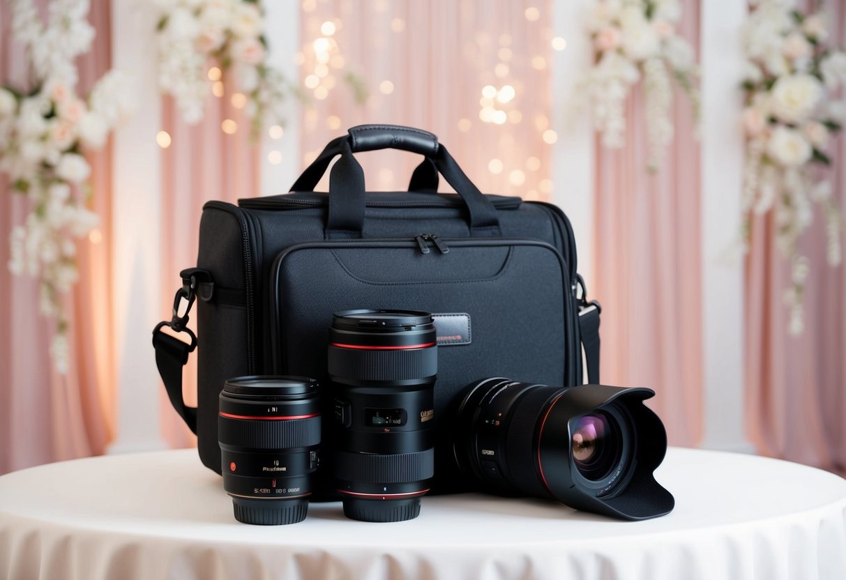 A photographer's bag with camera and lenses, set against a backdrop of elegant wedding decor, in shades of soft, romantic pastels