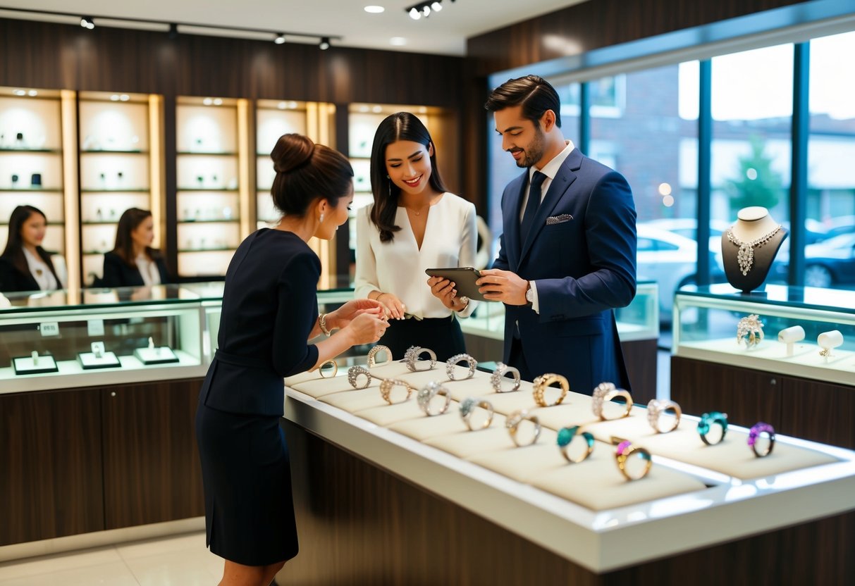 A jewelry store with a variety of wedding rings on display, with a couple browsing and discussing their options with a salesperson