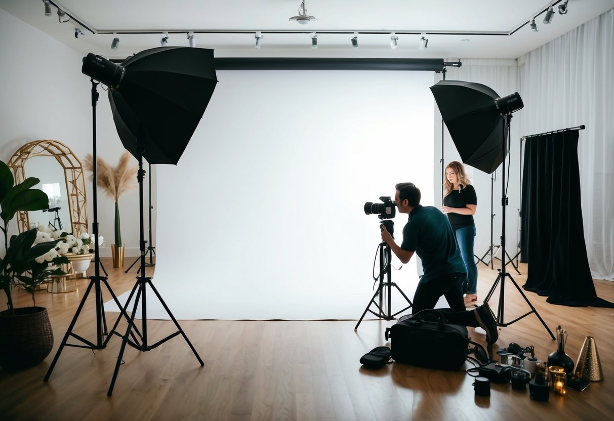 A photographer setting up lighting and camera equipment in a spacious studio with a large backdrop and various props for a bridal photoshoot