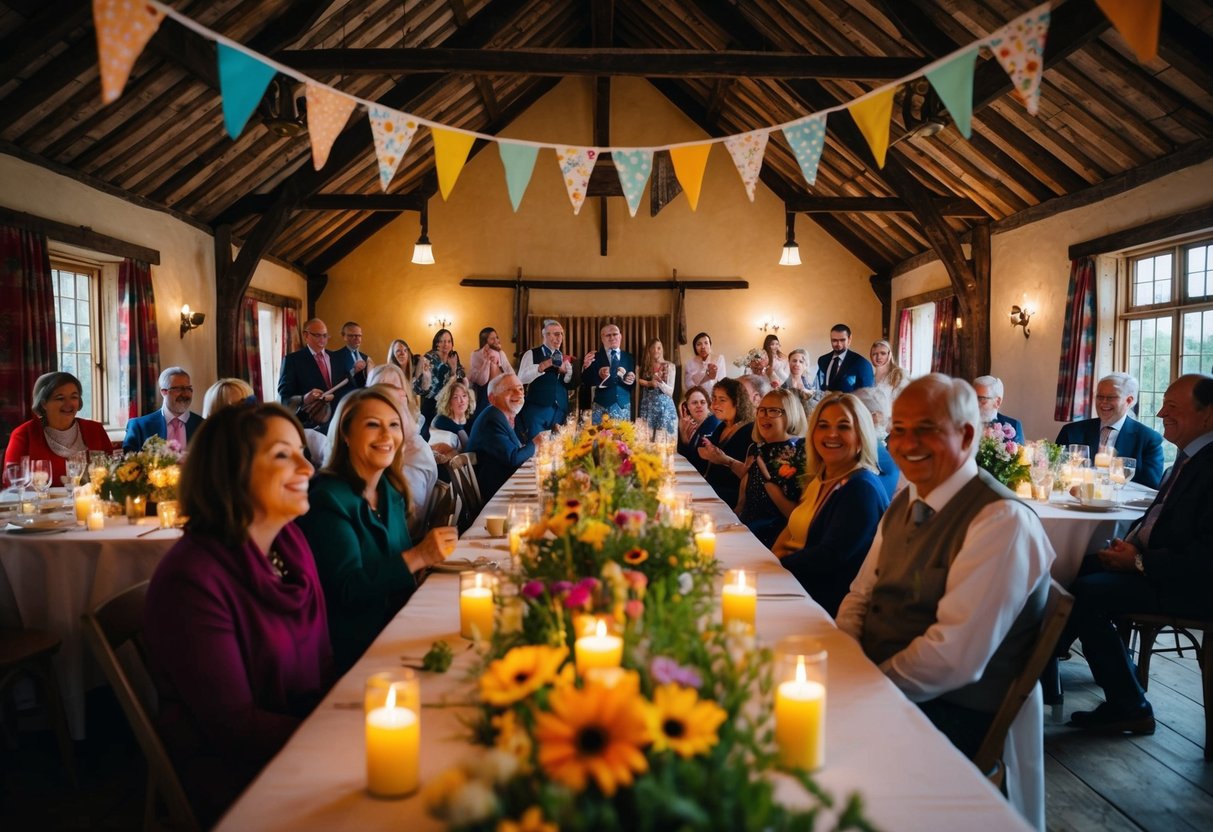 A joyful gathering in a rustic village hall, with colorful bunting, lively music, and tables adorned with wildflowers and flickering candles