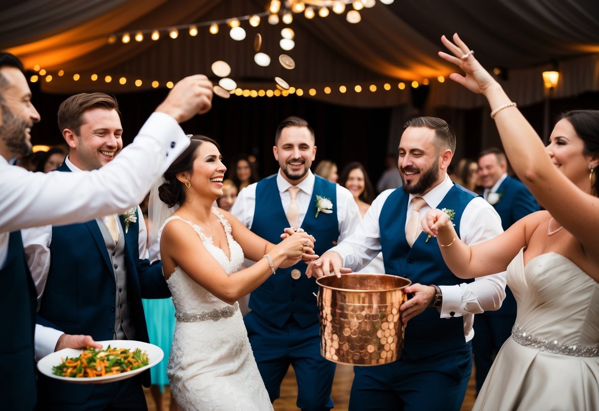 A lively penny wedding with guests dancing, sharing food, and tossing coins into a pot for the newlyweds