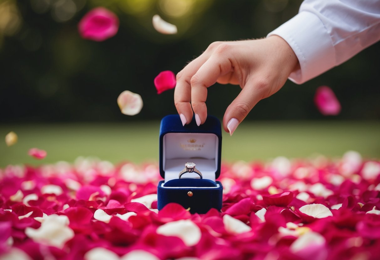 A hand reaching for a ring box nestled in a bed of rose petals