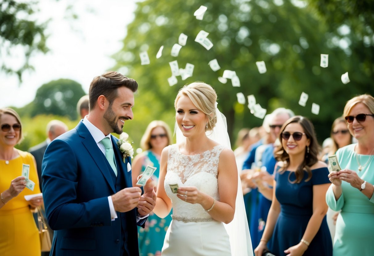 A lively outdoor wedding with guests contributing small amounts of money to help cover the couple's expenses