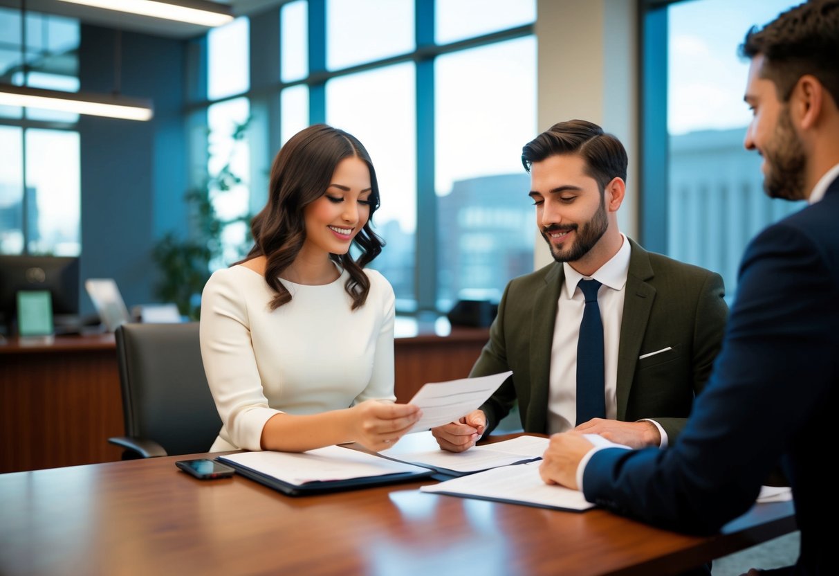 A couple submitting marriage paperwork to a government office