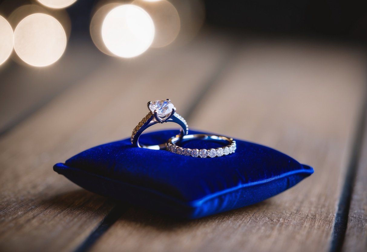A sparkling engagement ring dwarfs a delicate wedding band on a velvet cushion