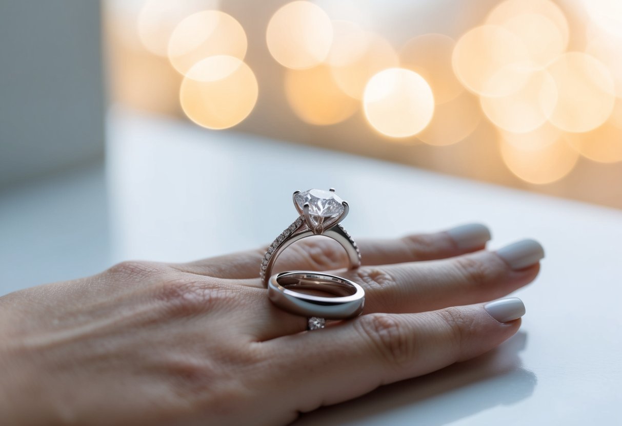 A hand with a larger, sparkling diamond engagement ring next to a simpler, smaller wedding band on a white surface