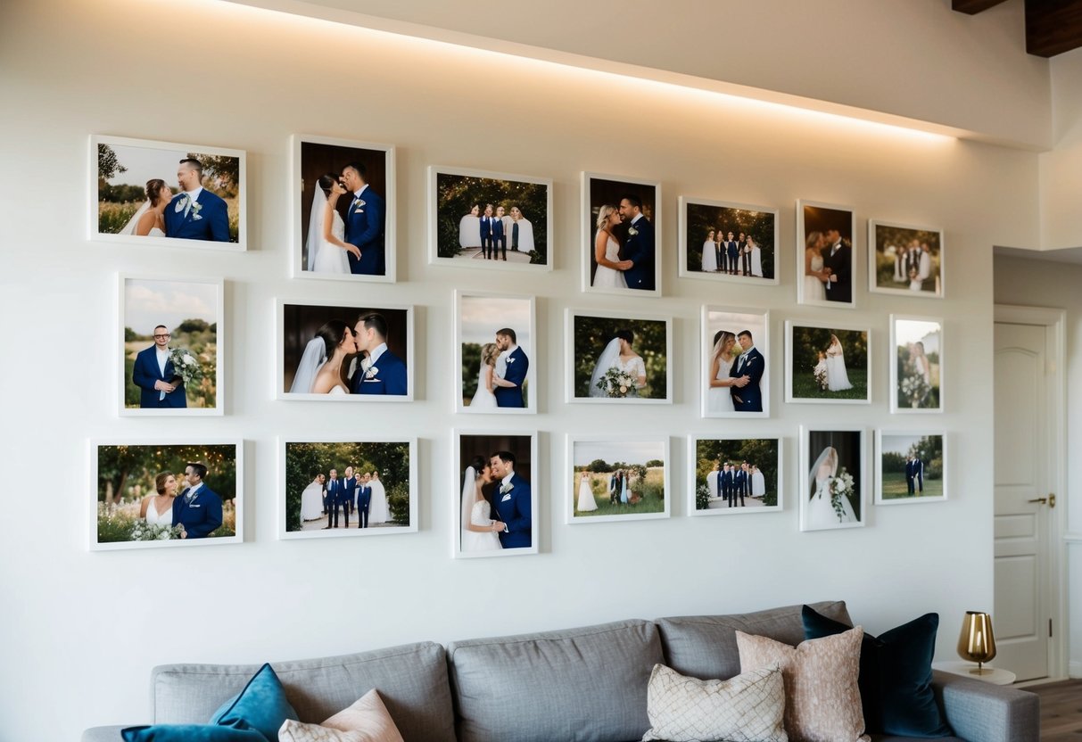 A collage of wedding photos displayed on a large, white wall with minimalistic frames and soft lighting in a cozy living room