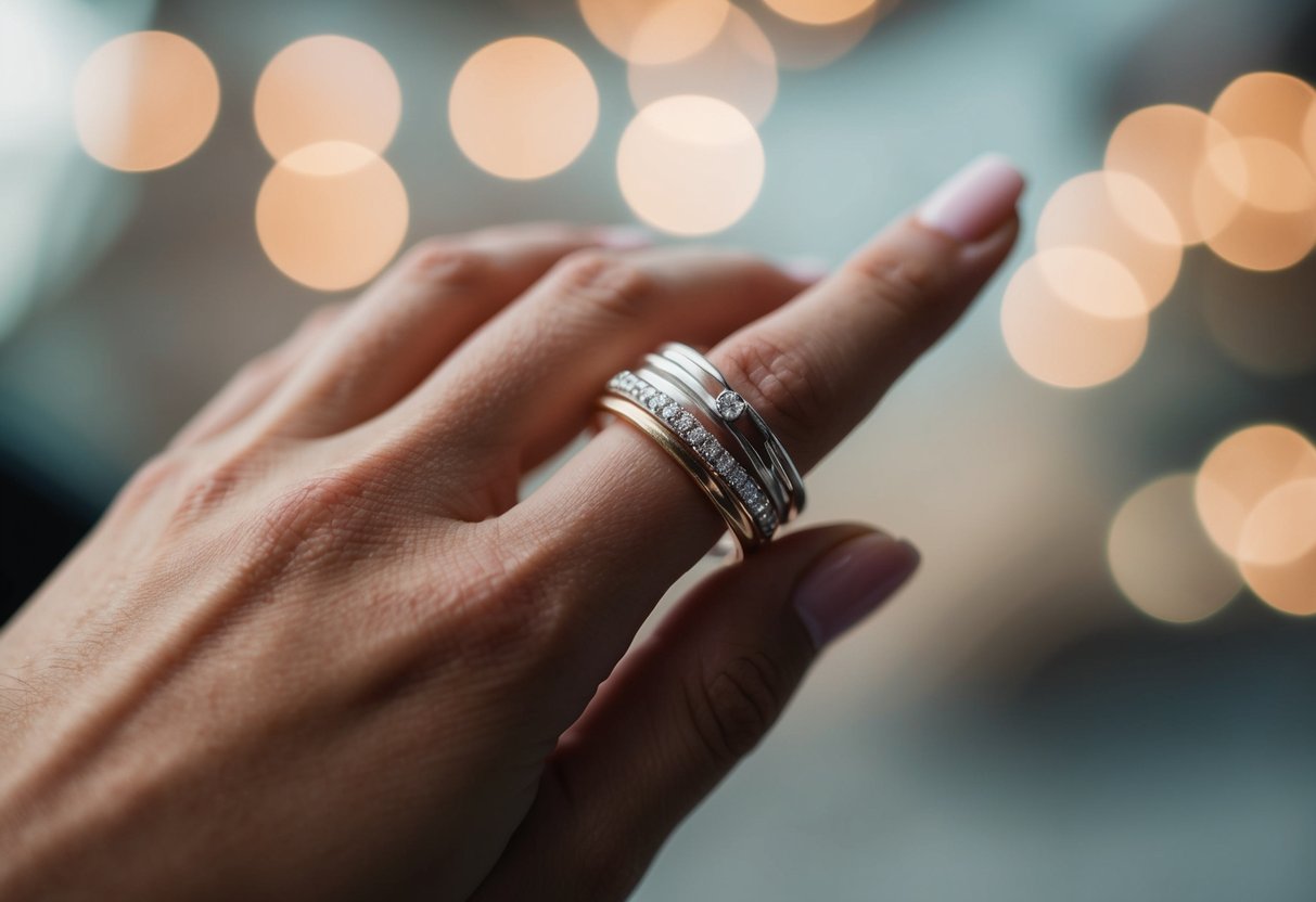 A hand holding a wedding band, with a second band nearby