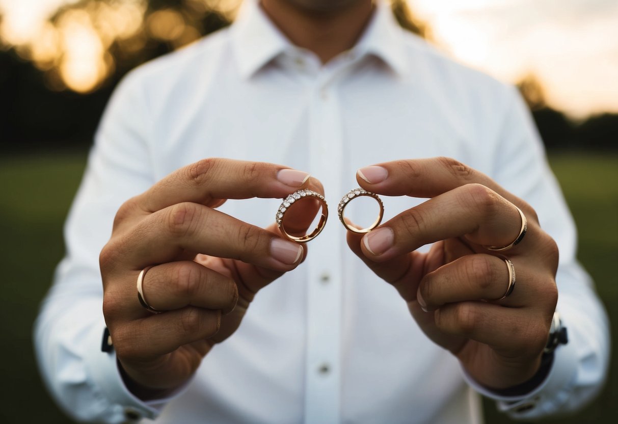 A person holding two wedding bands, deciding which one to wear