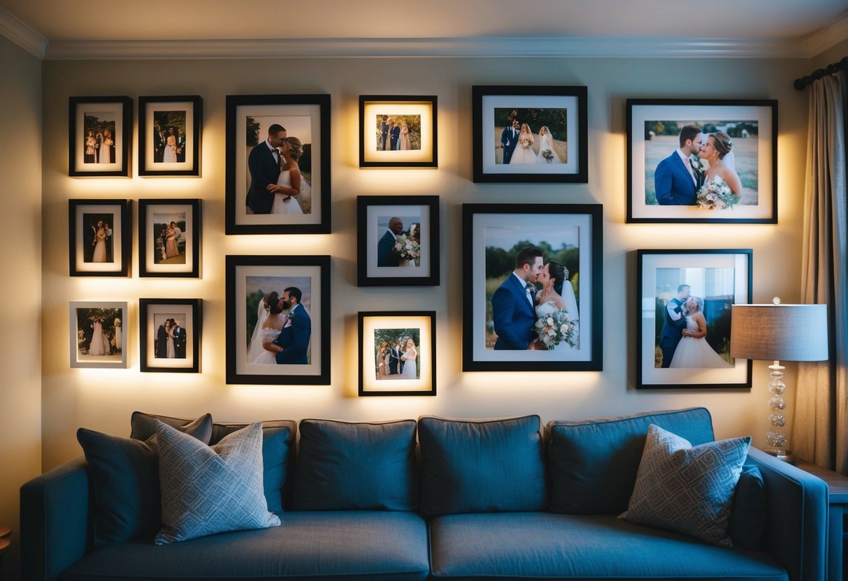 A gallery wall of wedding photos arranged in various sizes and frames, illuminated by soft ambient lighting in a cozy living room setting