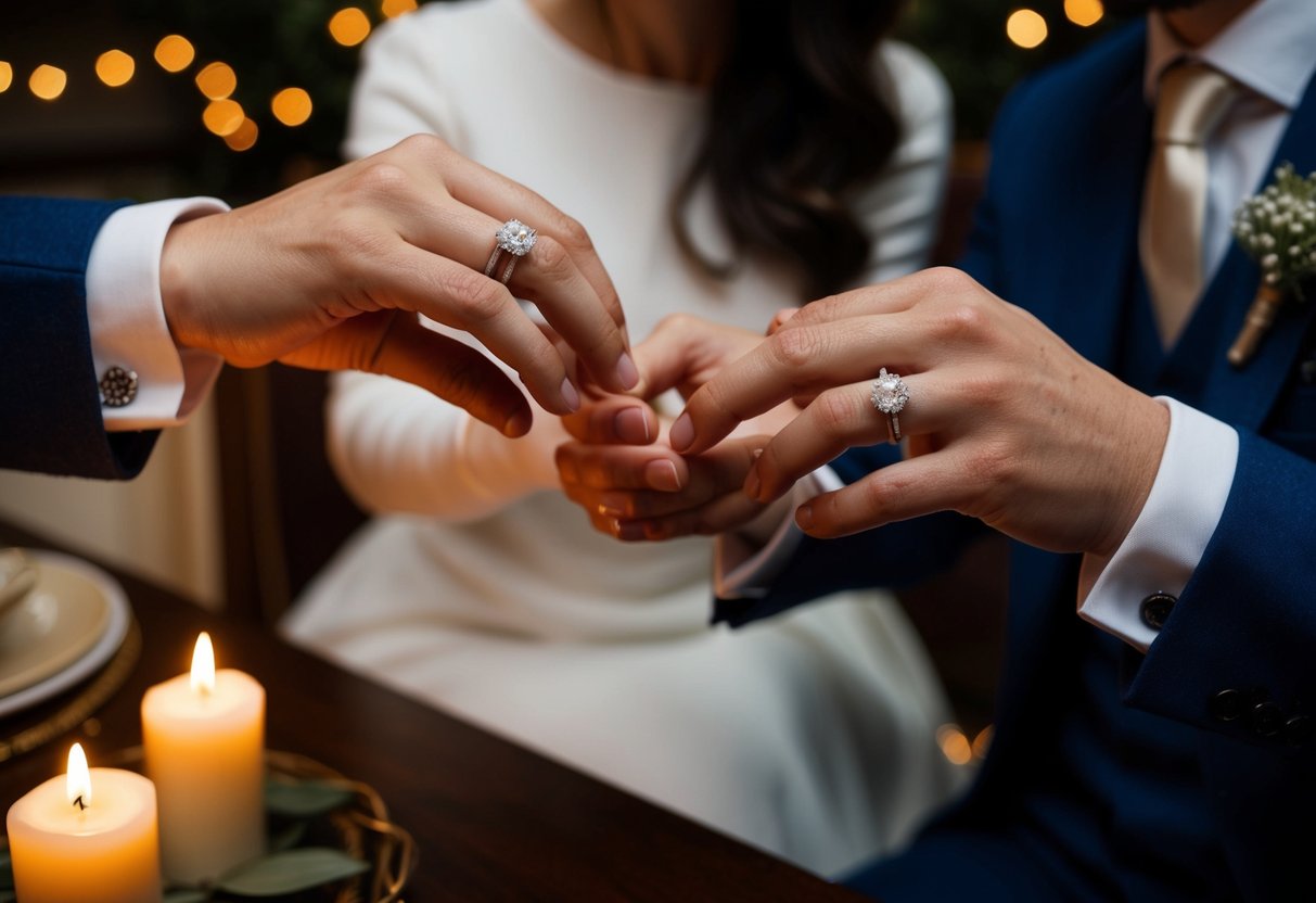 A couple exchanging second wedding bands in a cozy, candlelit setting