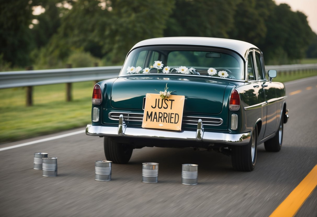 A car with tin cans tied to the bumper drives away with a "Just Married" sign on the back