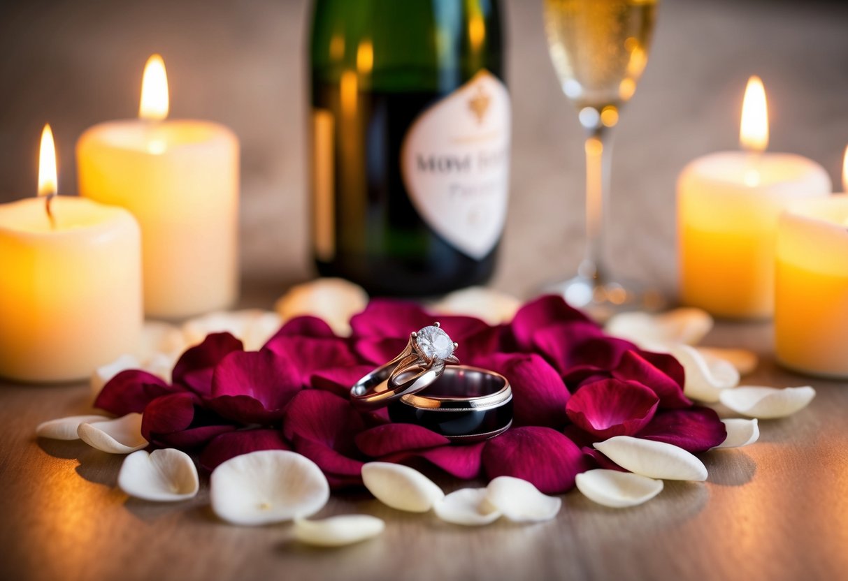 A pair of wedding rings resting on a bed of rose petals, surrounded by flickering candles and a bottle of champagne