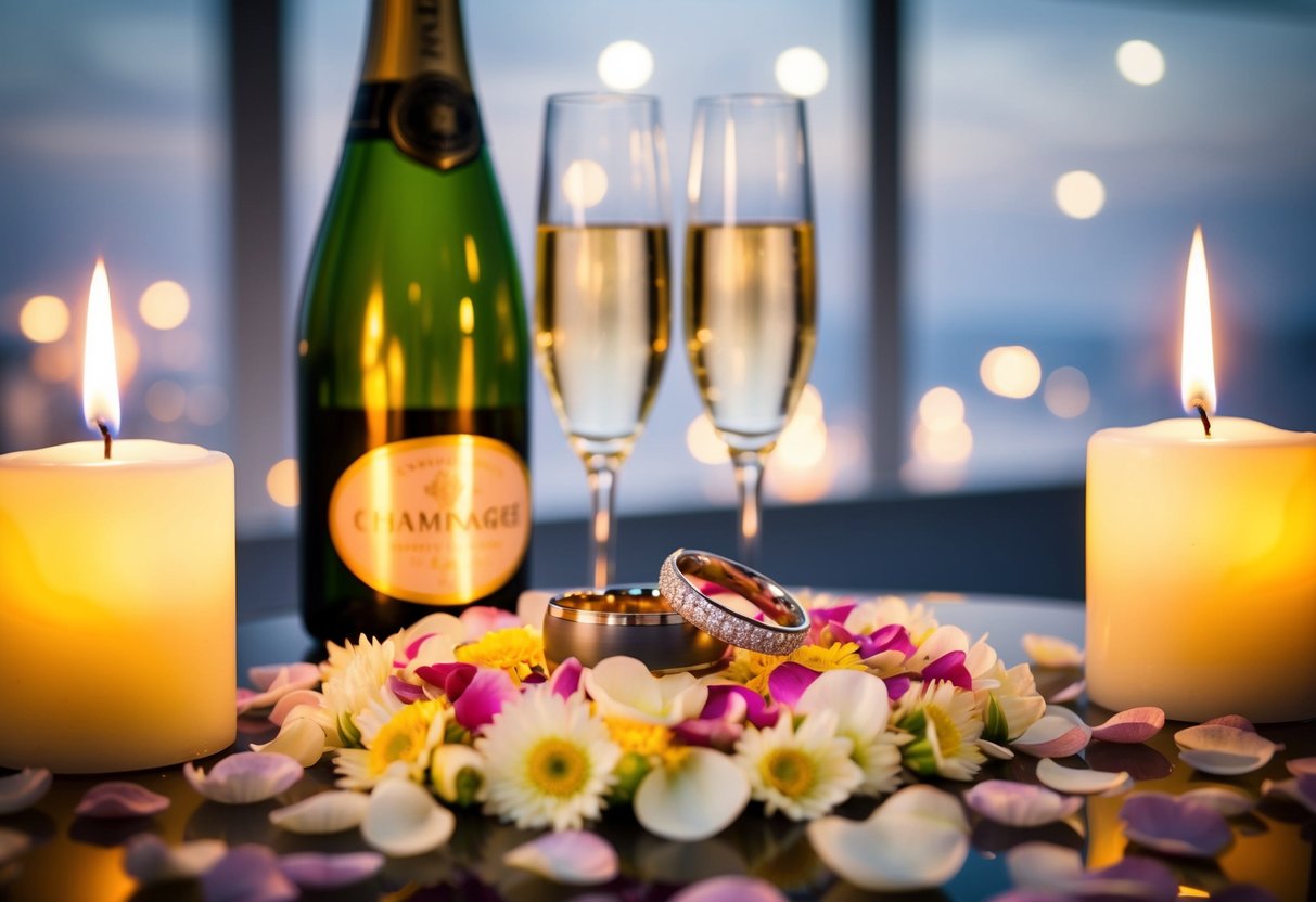 A pair of wedding rings resting on a bed of flower petals, surrounded by flickering candles and a bottle of champagne
