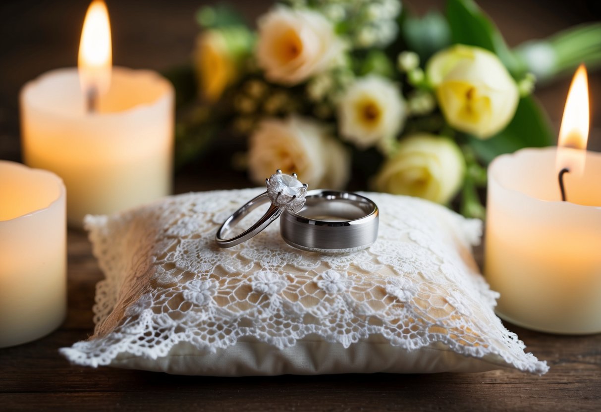 A pair of wedding rings placed on a delicate lace pillow, surrounded by soft candlelight and fresh flowers