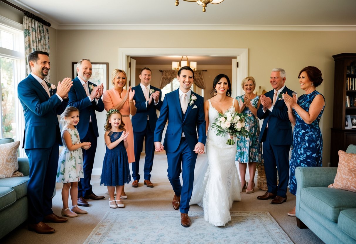 A group of family members gathered in a cozy living room, smiling and clapping as the newly married couple enters, holding hands and beaming with joy