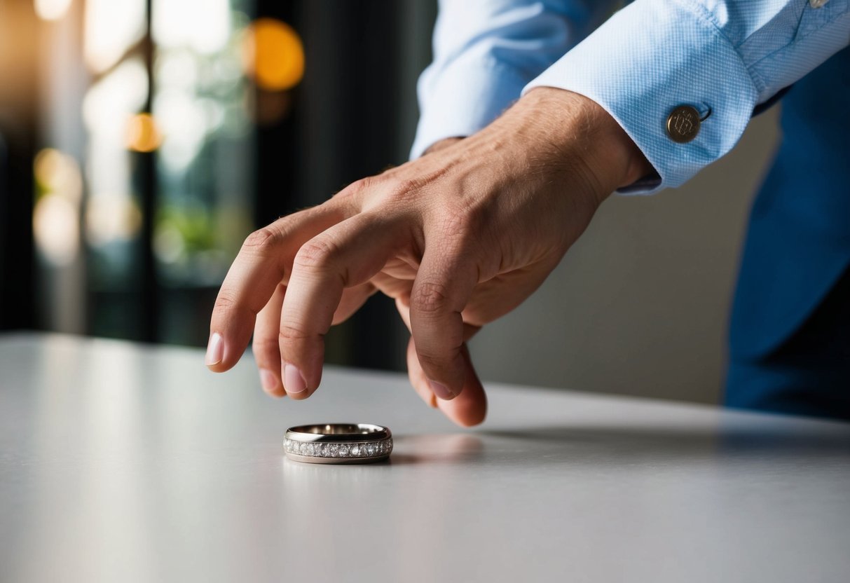 A man's hand reaching for a wedding band on a table