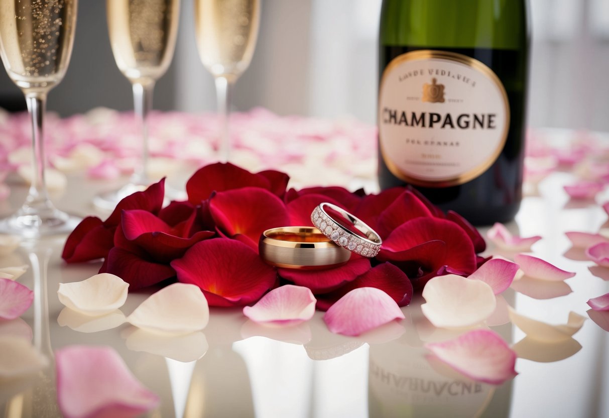 A pair of wedding rings resting on a bed of rose petals, with champagne glasses and a bottle of champagne nearby