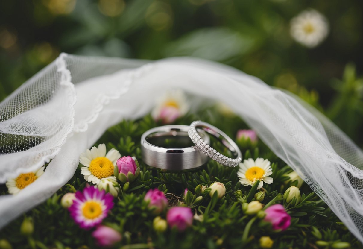 A pair of wedding rings resting on a bed of fresh flowers, with a delicate lace veil draped over them