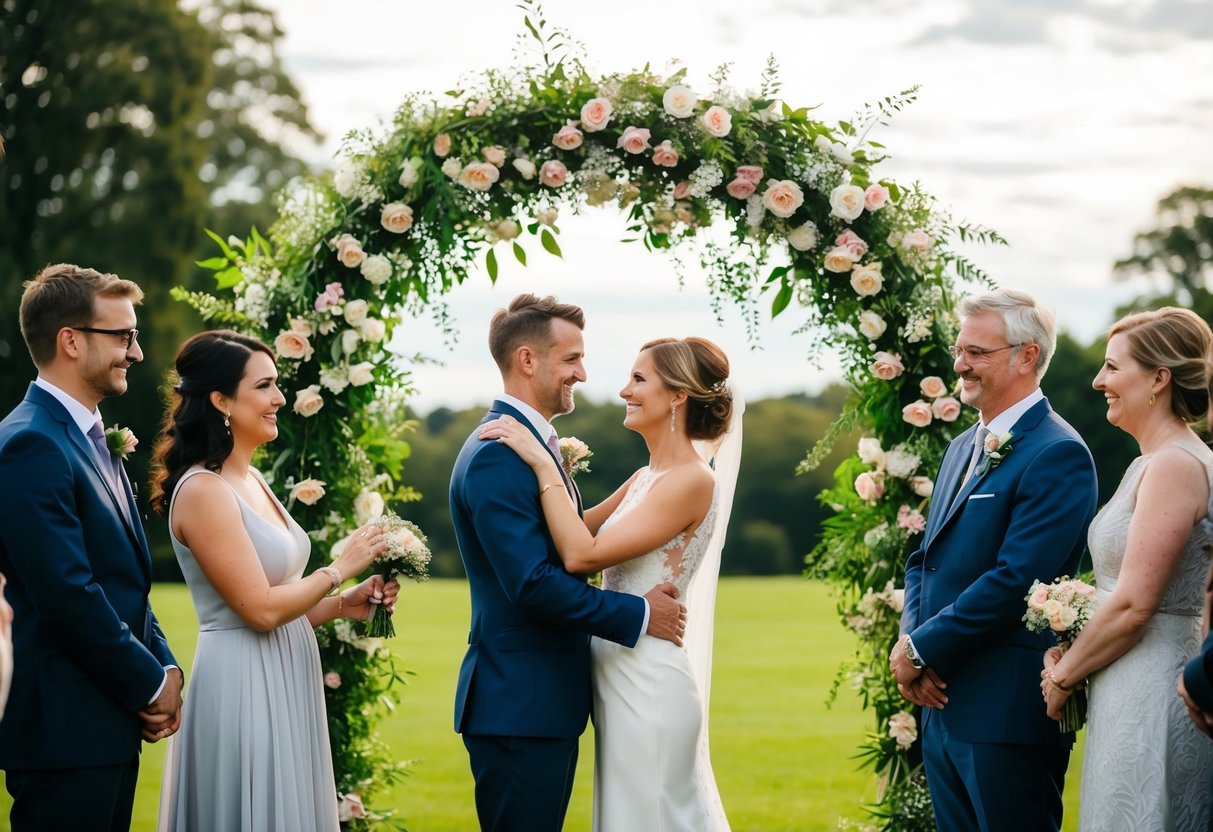A newlywed couple stands under a flower arch, surrounded by friends and family, as they exchange rings and embrace