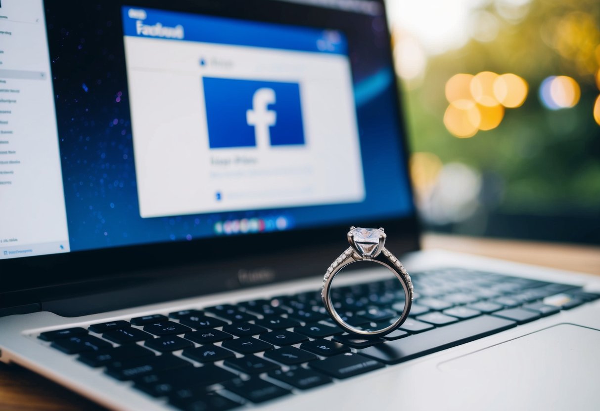 A wedding ring placed on a computer keyboard, with a Facebook page open on the screen