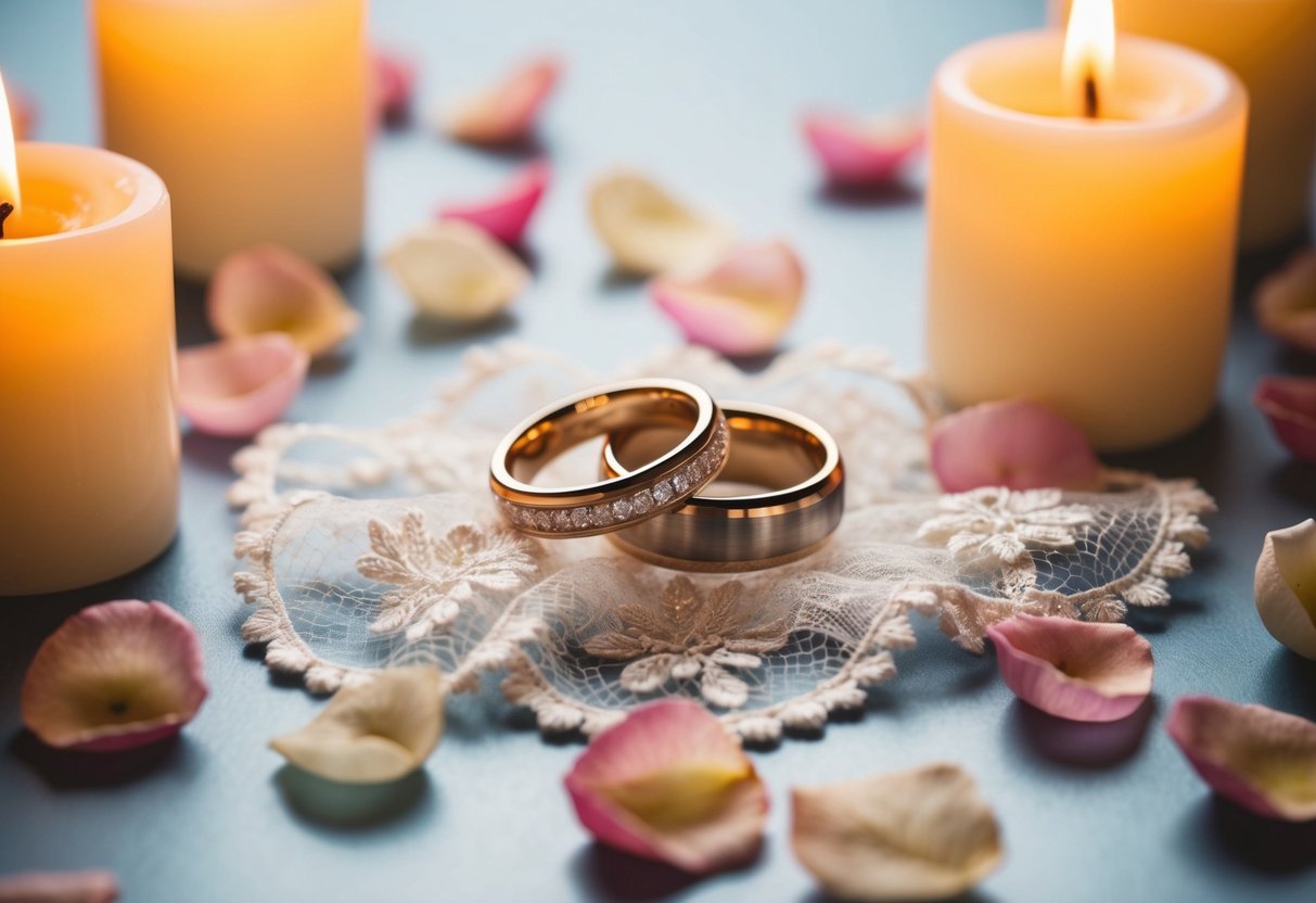 A pair of entwined wedding rings placed on a delicate lace veil, surrounded by scattered rose petals and flickering candles