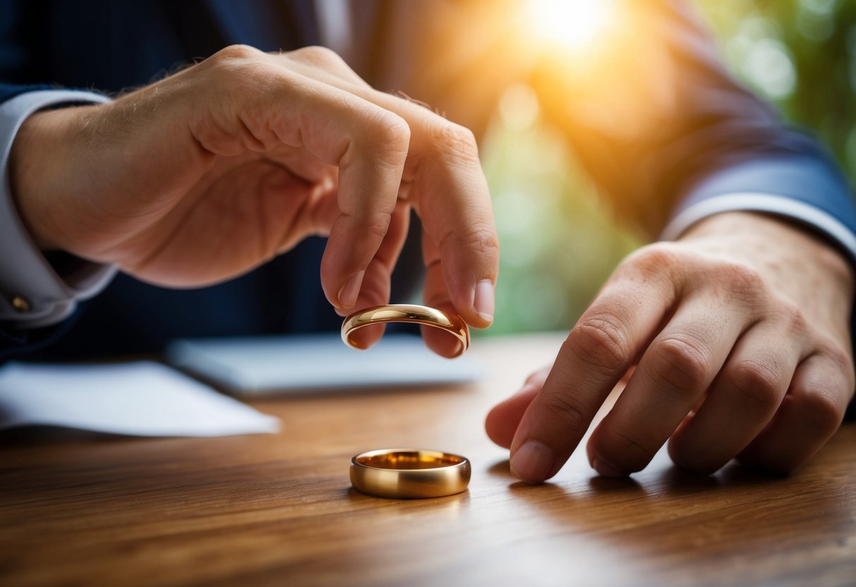 A man's hand reaching for a simple gold wedding band on a wooden table, with a soft light illuminating the scene