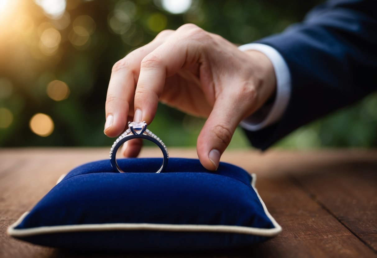 A man's hand reaches for a gleaming wedding band resting on a velvet cushion