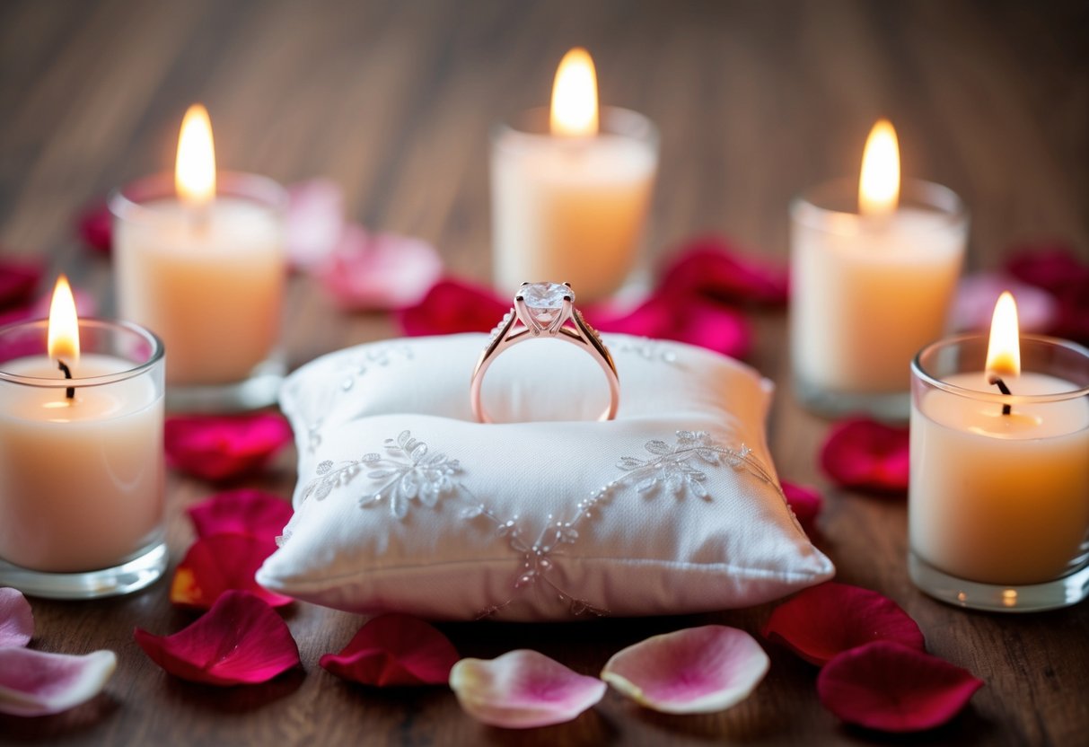 A ring on a delicate pillow, surrounded by rose petals and candles