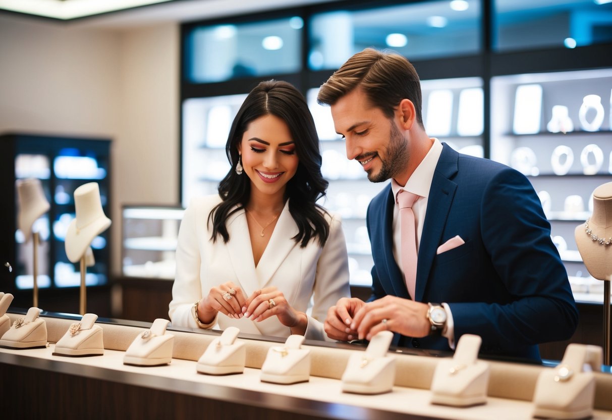 A couple browsing wedding rings at a jewelry store