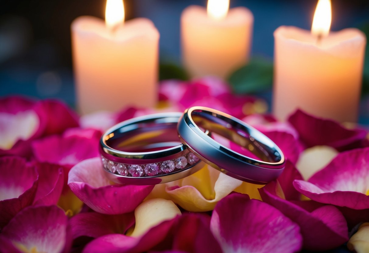 A pair of interlocked wedding rings displayed on a bed of fresh rose petals, with soft candlelight casting a warm glow