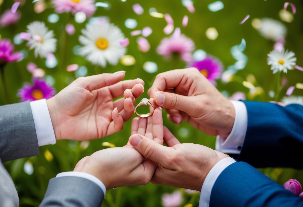 A couple's hands holding a wedding ring, surrounded by flowers and confetti, with a joyful expression on their faces
