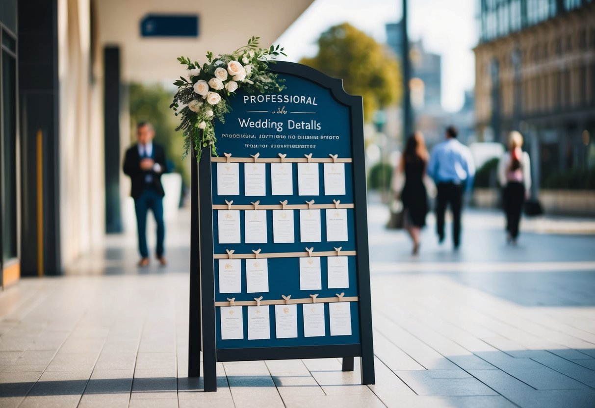 A decorative signboard with wedding details displayed in a public area
