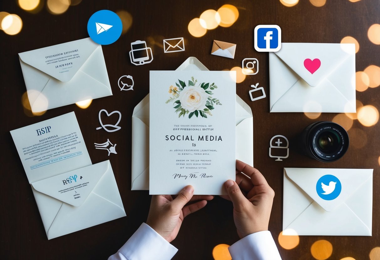 A wedding invitation being sent out through various mediums: email, social media, and traditional mail